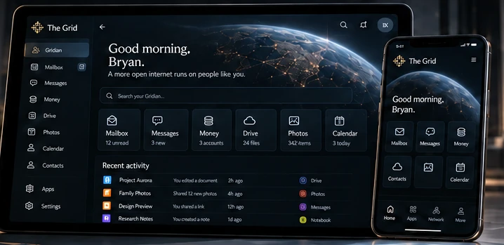 Your Gridian on a tablet and a phone: mailbox, messages, money, drive, photos and calendar at a glance.